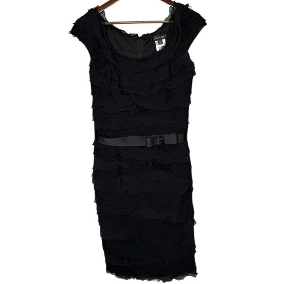 Tadashi Shoji Silk Chiffon Ruffle Off the Shoulder Sheath Dress Black size 6 - Picture 6 of 8